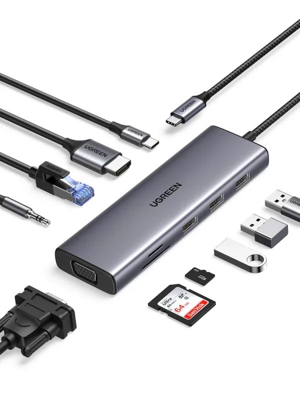 UGREEN 10-in-1 USB-C Hub, HDMI, VGA, 3xUSB-A, USB-C, SD Card, Ethernet, 3.5mm, 1
