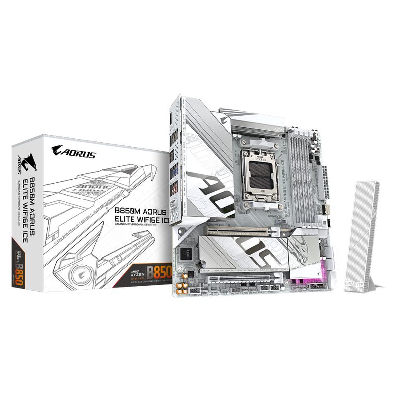 Gigabyte B850M AORUS ELITE WIFI6E ICE AM5 Micro-ATX AMD B850 4xDIMM DDR5 2xM.2 USB 3.2 2.5Gb LAN Wi-Fi 6E+BT Carte Mère
